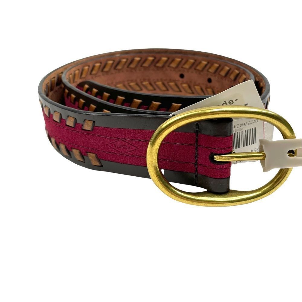 NEW Fossil braided leather belt gold tone buckle Sz S raspberry brown